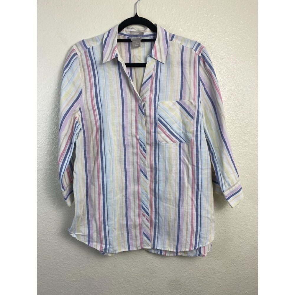Chico's No Iron Linen Womens Top size Large Stripes Vacation Beach lagenlook